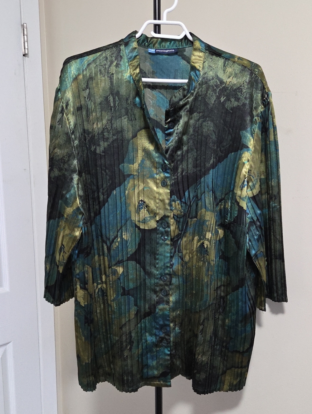 Penningtons Plus Size Teal and Olive Floral Pleated Button-Down Top